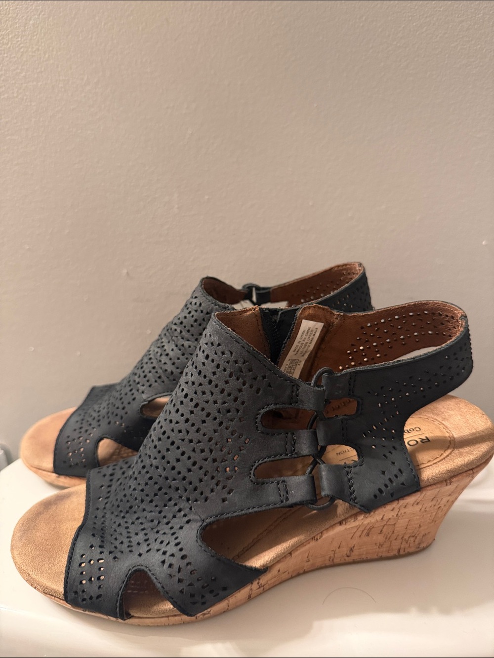 Rockport Perforated Leather Wedge Sandal black